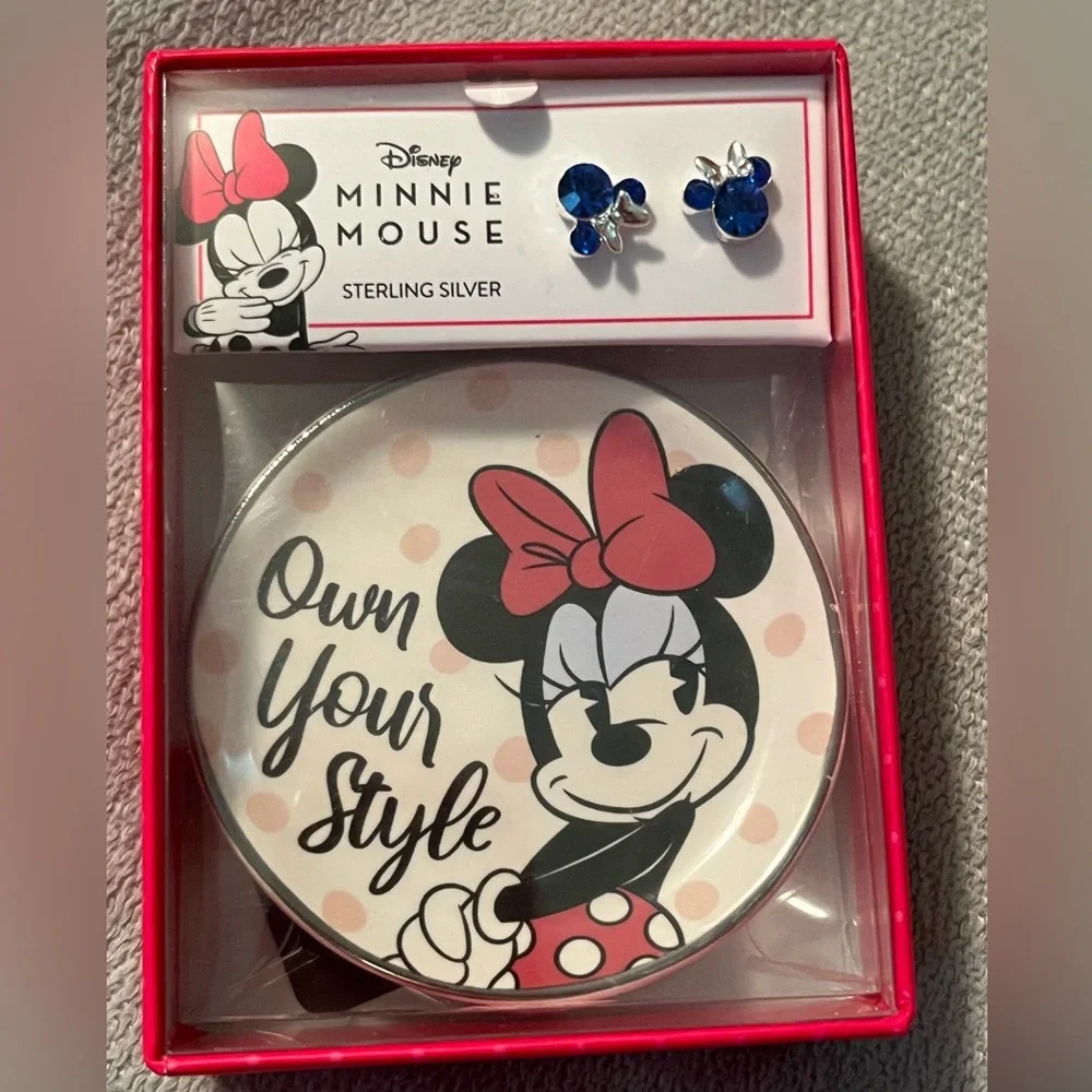 Minnie Mouse Dark Blue Crystal Stud Earrings in Sterling Silver & Trinket Dish